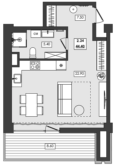 Апартаменты 1-комн. 44.4 кв. м
