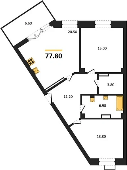 Квартира 2-комн. 77.8 кв. м