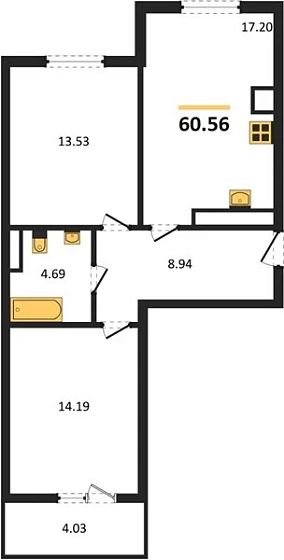Квартира 2-комн. 60.56 кв. м