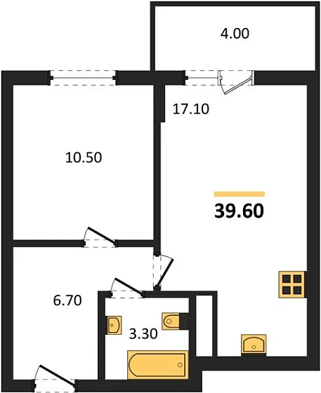 Квартира 1-комн. 39.6 кв. м