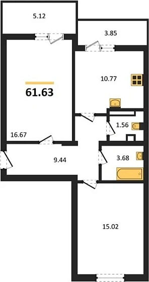 Квартира 2-комн. 61.63 кв. м