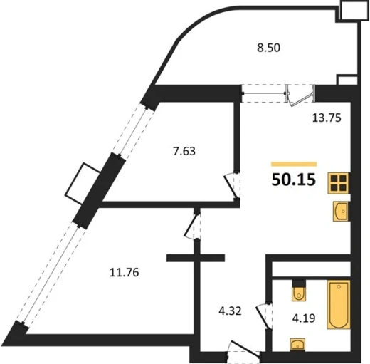 Апартаменты 2-комн. 50.15 кв. м
