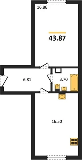Квартира 1-комн. 43.87 кв. м