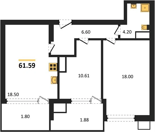 Квартира 2-комн. 61.59 кв. м