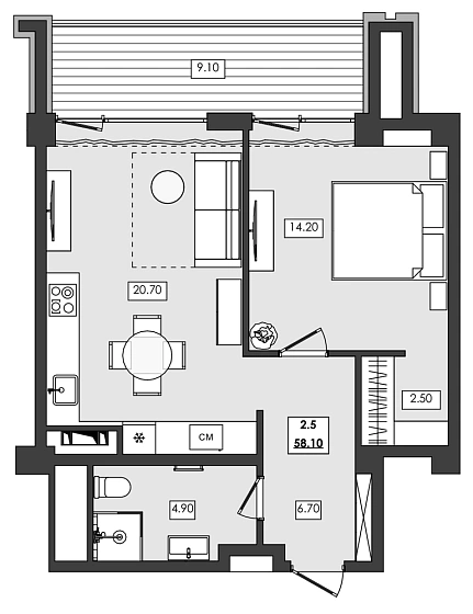 Апартаменты 2-комн. 58.1 кв. м