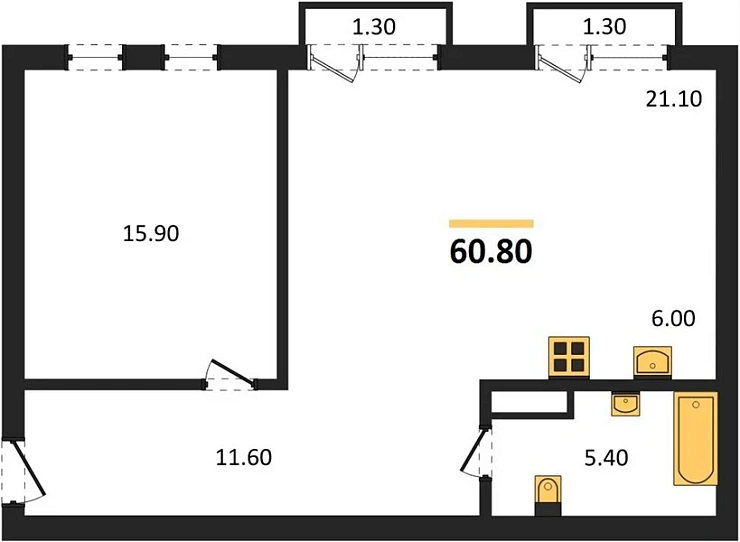 Квартира 1-комн. 60.8 кв. м