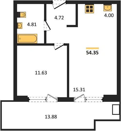 Апартаменты 1-комн. 54.35 кв. м