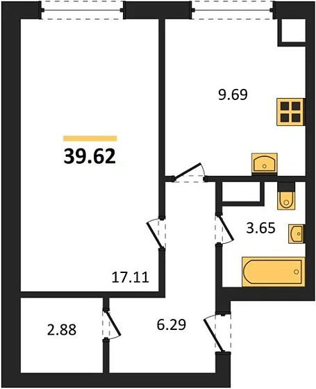Квартира 1-комн. 39.62 кв. м