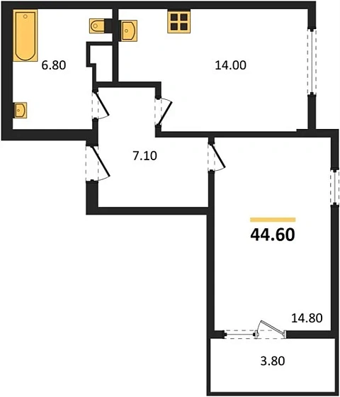 Квартира 1-комн. 44.6 кв. м