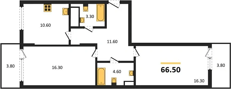 Квартира 2-комн. 66.5 кв. м