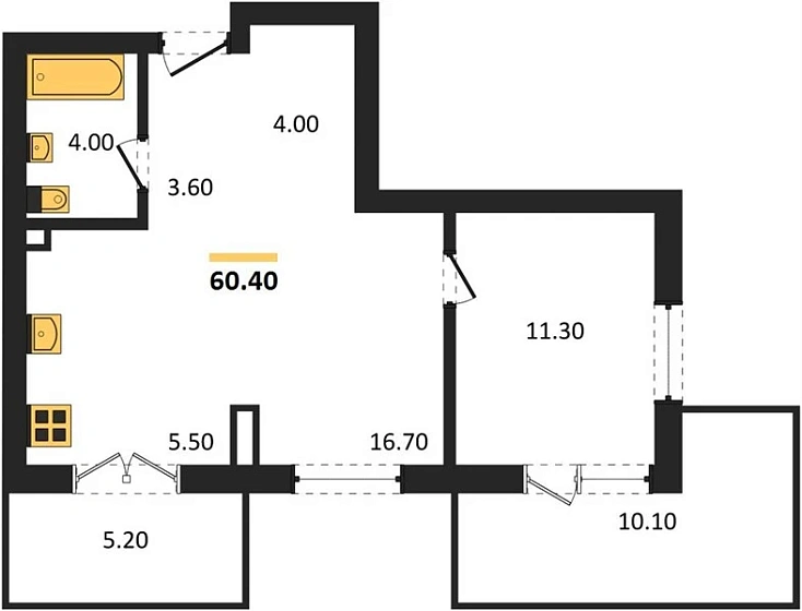 Квартира 1-комн. 60.4 кв. м