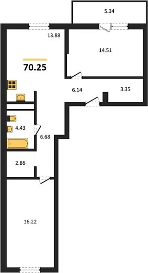 Квартира 2-комн. 70.25 кв. м