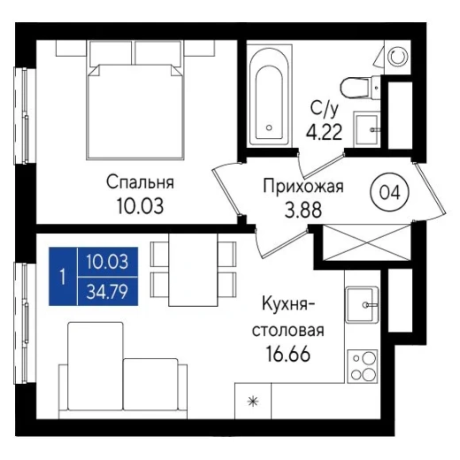 Квартира 1-комн. 34.79 кв. м