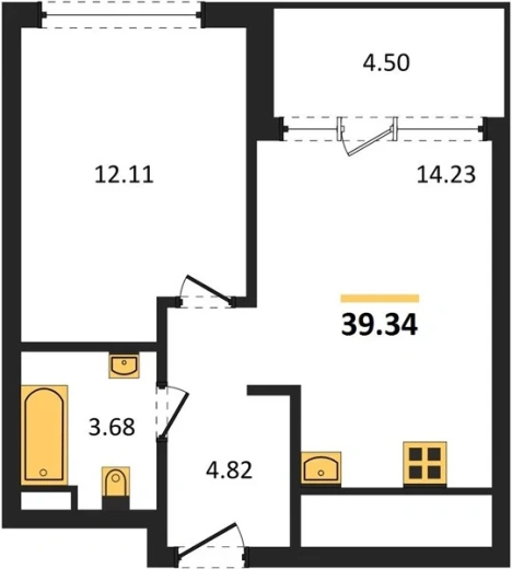 Квартира 1-комн. 39.34 кв. м