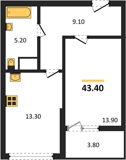 Квартира 1-комн. 43.4 кв. м