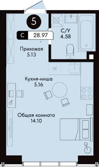 Квартира Студия 28.97 кв. м