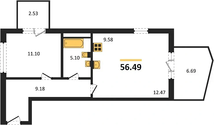 Квартира 1-комн. 56.49 кв. м