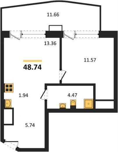 Апартаменты 1-комн. 48.74 кв. м