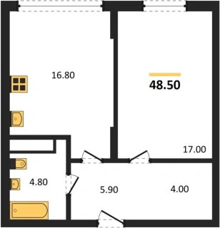 Квартира 1-комн. 48.5 кв. м