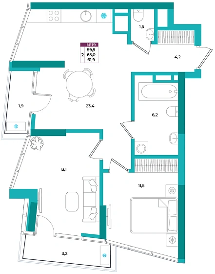 Квартира 2-комн. 61.9 кв.м