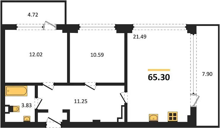Квартира 2-комн. 65.3 кв. м