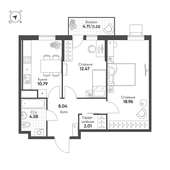 Квартира 2-комн. 58.08 кв. м