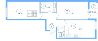 Квартира 2-комн. 60.1 кв. м