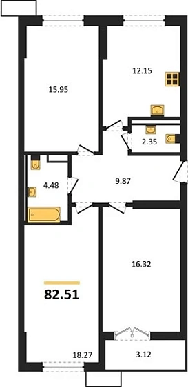 Квартира 3-комн. 82.51 кв. м