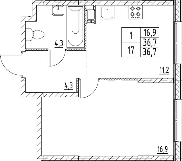 Квартира 1-комн. 36.7 кв. м