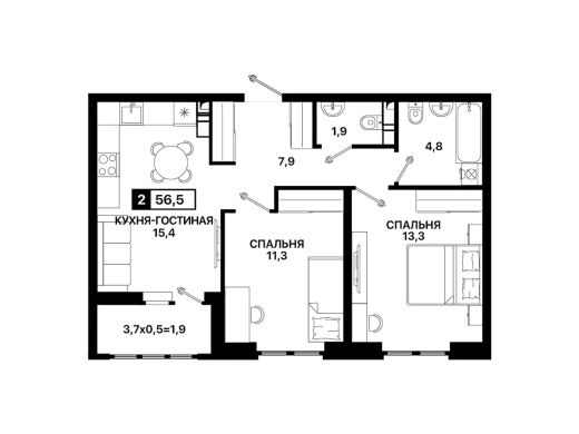 Квартира 1-комн. 39.9 кв. м