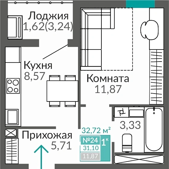 Квартира 1-комн. 31.1 кв.м
