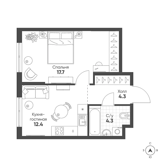Квартира 1-комн. 38.7 кв. м