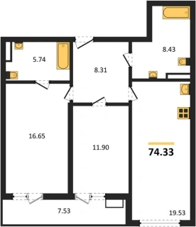 Квартира 2-комн. 74.33 кв. м