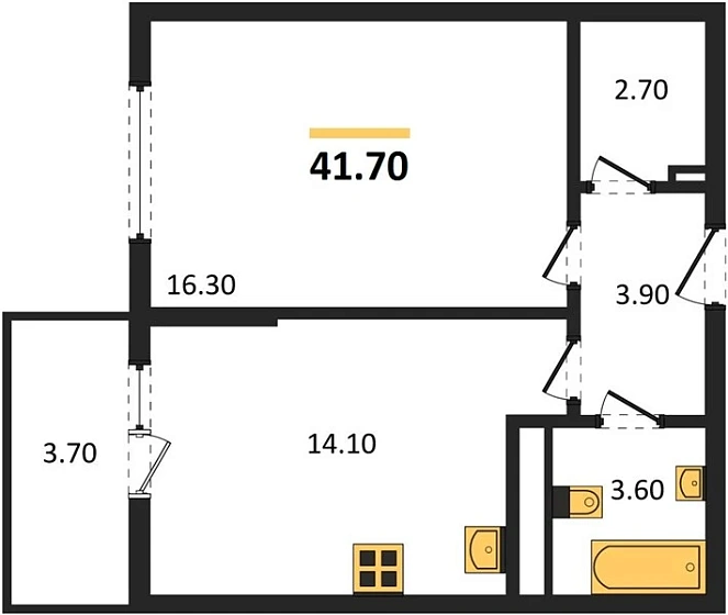Квартира 1-комн. 41.7 кв. м