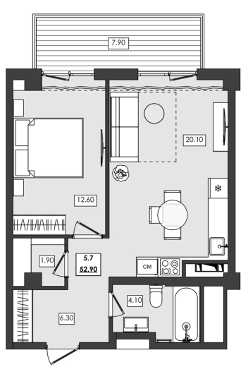 Апартаменты 2-комн. 52.9 кв. м