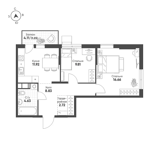 Квартира 2-комн. 55.8 кв. м