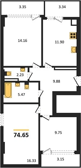 Квартира 3-комн. 74.65 кв. м