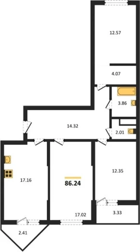 Квартира 3-комн. 86.24 кв. м