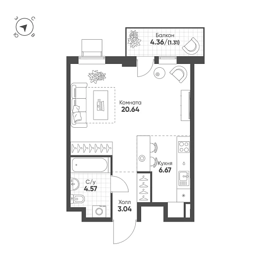 Квартира 1-комн. 36.22 кв. м