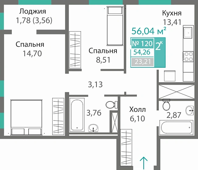 Квартира 2-комн. 54.26 кв.м