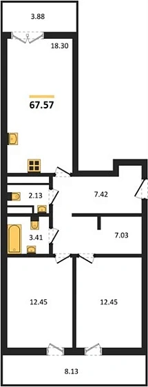 Квартира 2-комн. 67.57 кв. м