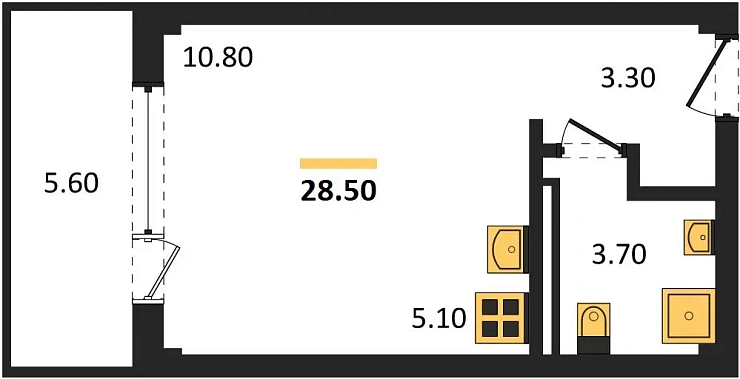 Апартаменты Студия 28.5 кв. м