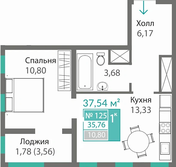 Квартира 1-комн. 35.76 кв.м