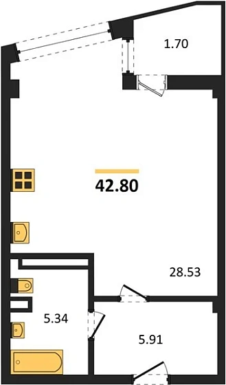 Апартаменты 1-комн. 42.8 кв. м