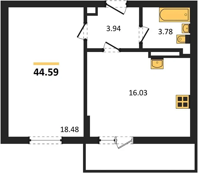 Квартира 1-комн. 44.59 кв. м