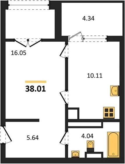 Квартира 1-комн. 38.01 кв. м