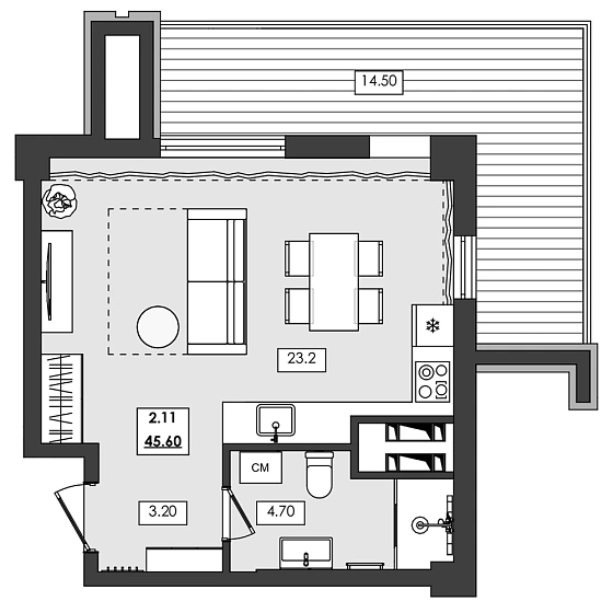 Апартаменты 1-комн. 45.6 кв. м
