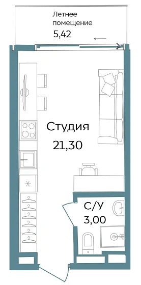 Апартаменты 1-комн. 29.72 кв. м