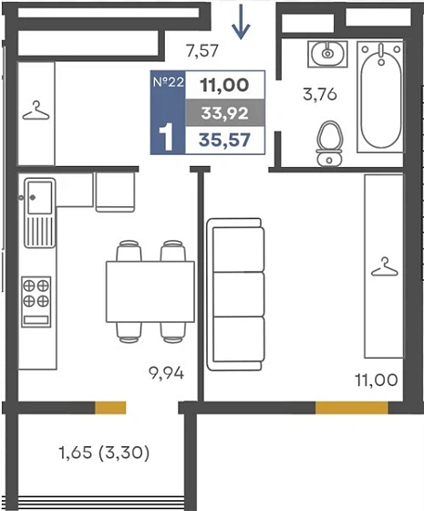Квартира 1-комн. 33.92 кв. м