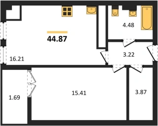 Квартира 1-комн. 44.87 кв. м